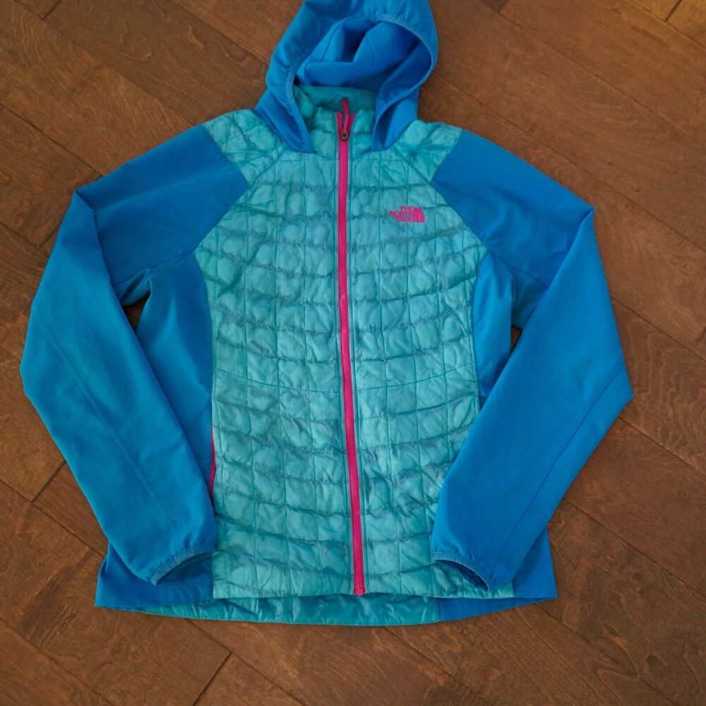 The North Face Women's Teal & Blue Hooded Puffer Jacket with Pink Trim